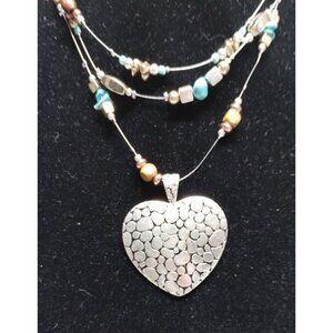 Heart Pendant Necklace Silver Tone Beaded Multi Strand‎ Fashion Jewelry